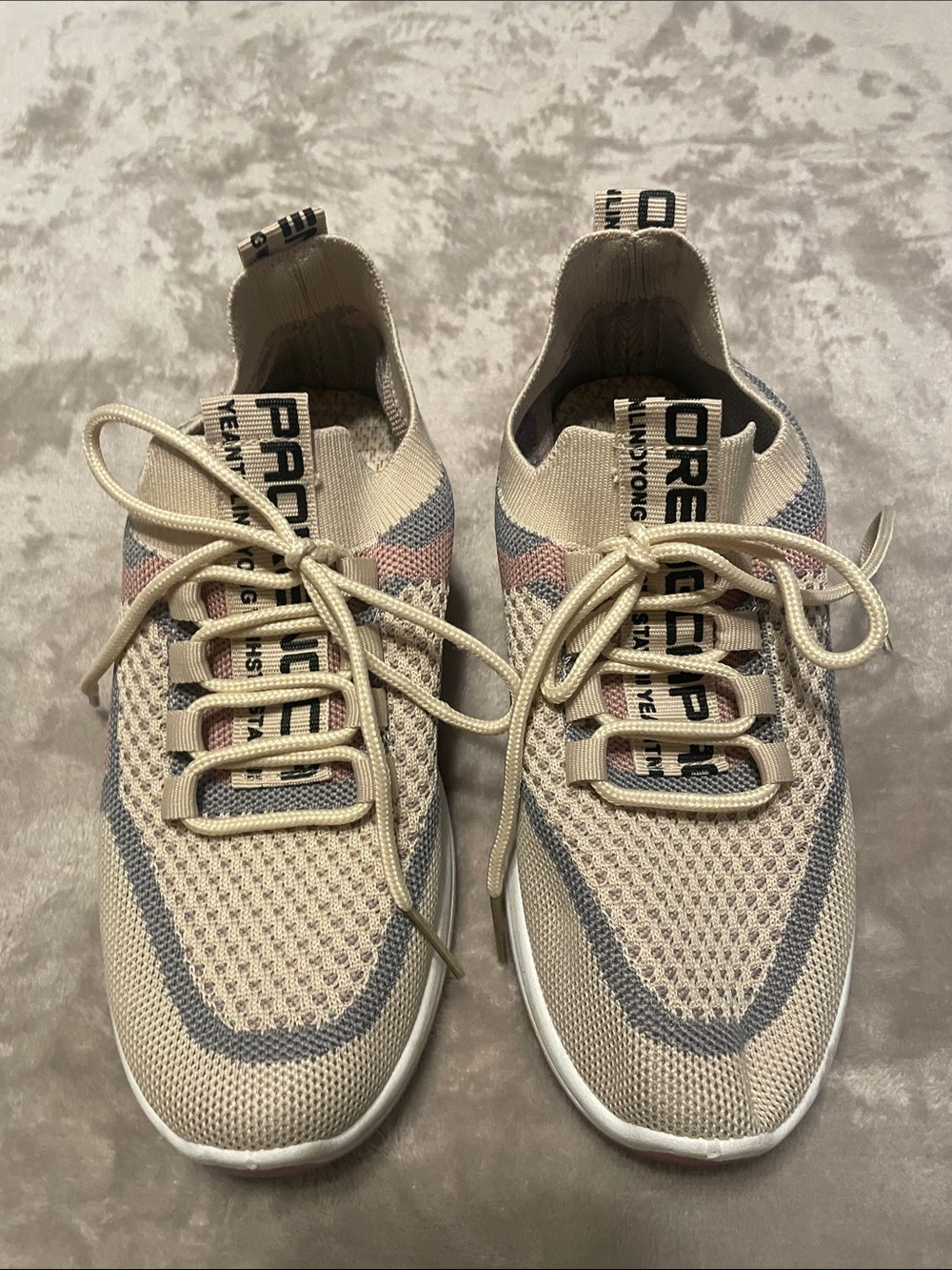 Beige Knit Slip-On Athletic Sneakers with Lace-Up Detail